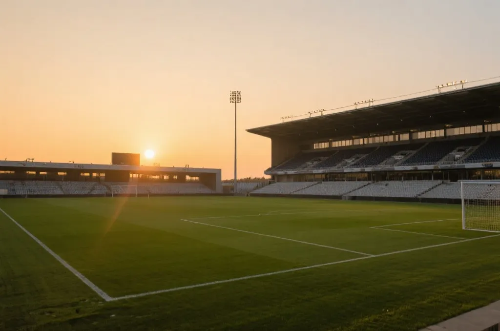 An empty professional soccer stadium under warm sunset light